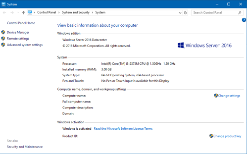 Windows Server 2016 panel de control